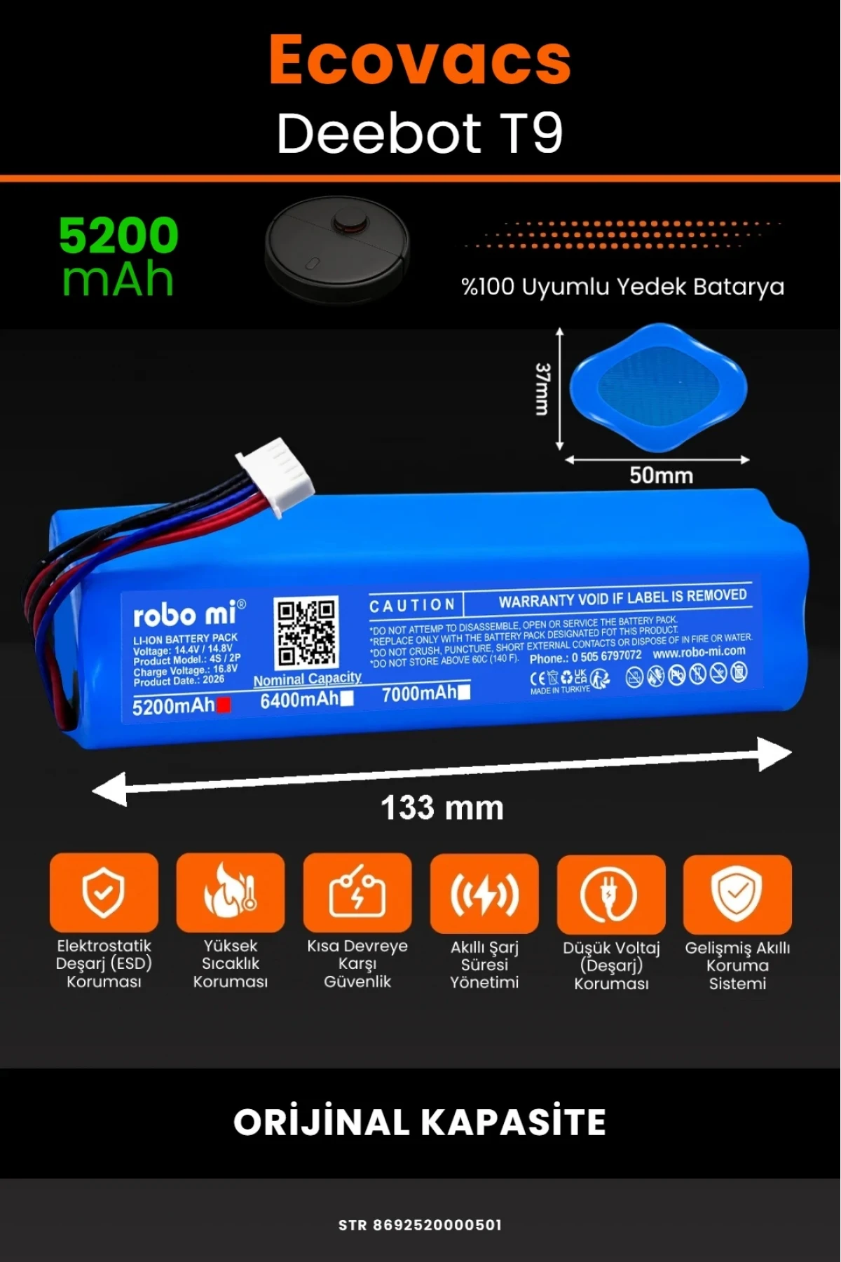 Ecovacs Deebot T9 Uyumlu 5200mAh Robot Süpürge Bataryası - Orijinal Kapasite