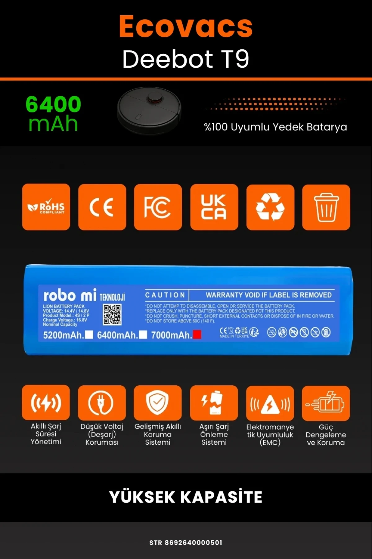 Ecovacs Deebot T9 Uyumlu 6400mAh Robot Süpürge Bataryası - Yüksek Kapasite