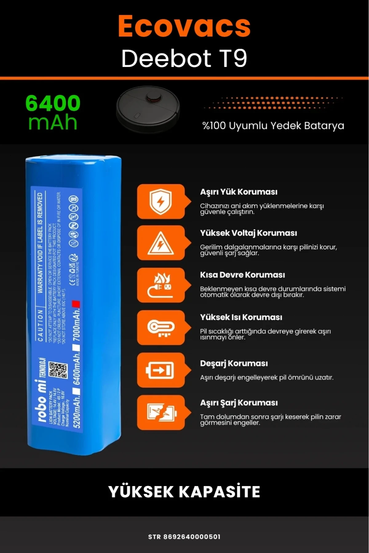 Ecovacs Deebot T9 Uyumlu 6400mAh Robot Süpürge Bataryası - Yüksek Kapasite
