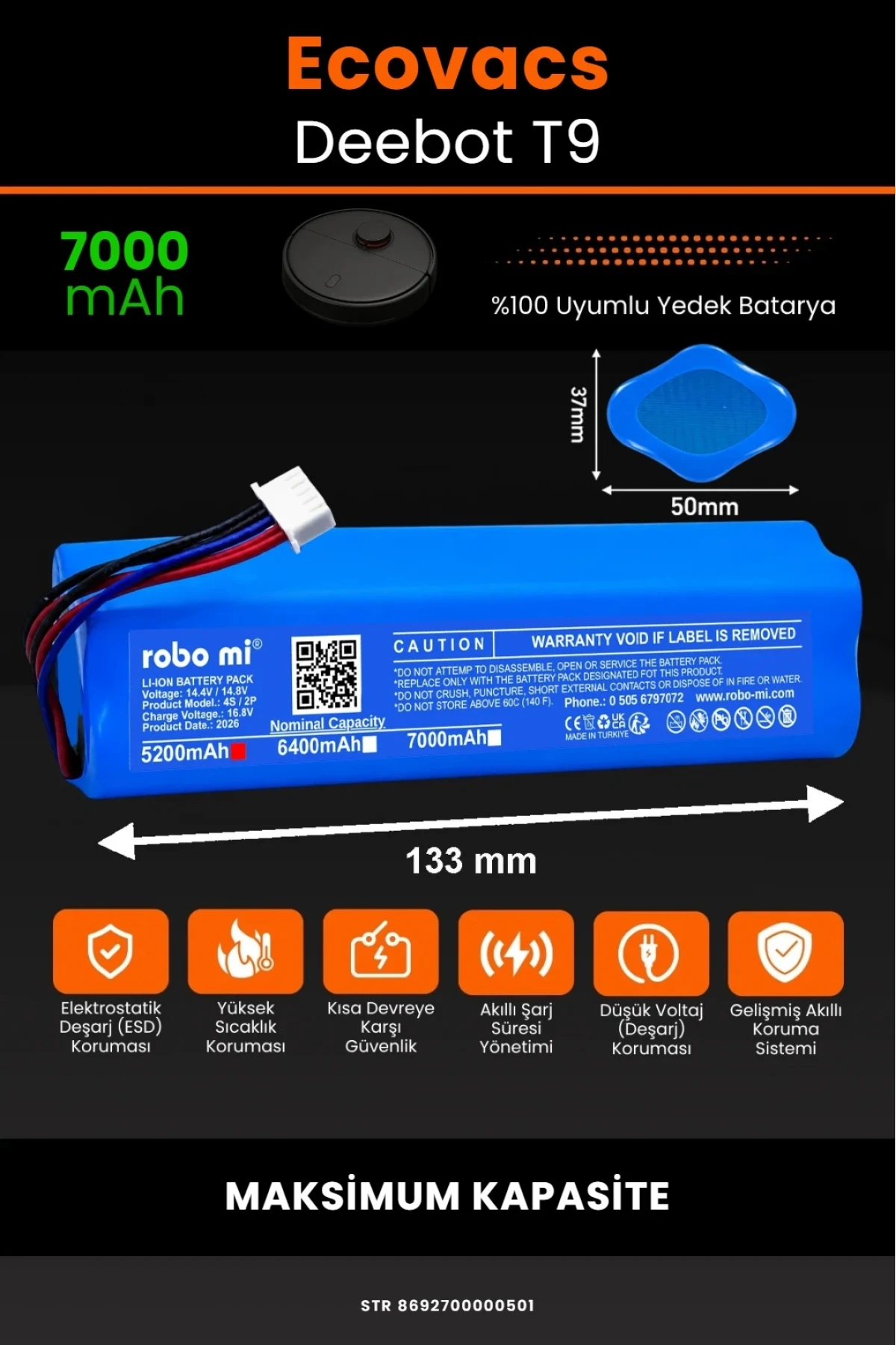Ecovacs Deebot T9 Uyumlu 7000mAh Robot Süpürge Bataryası - Maksimum Kapasite