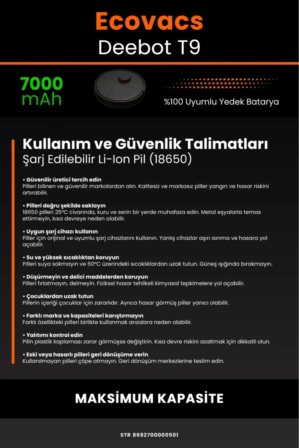 Ecovacs Deebot T9 Uyumlu 7000mAh Robot Süpürge Bataryası - Maksimum Kapasite
