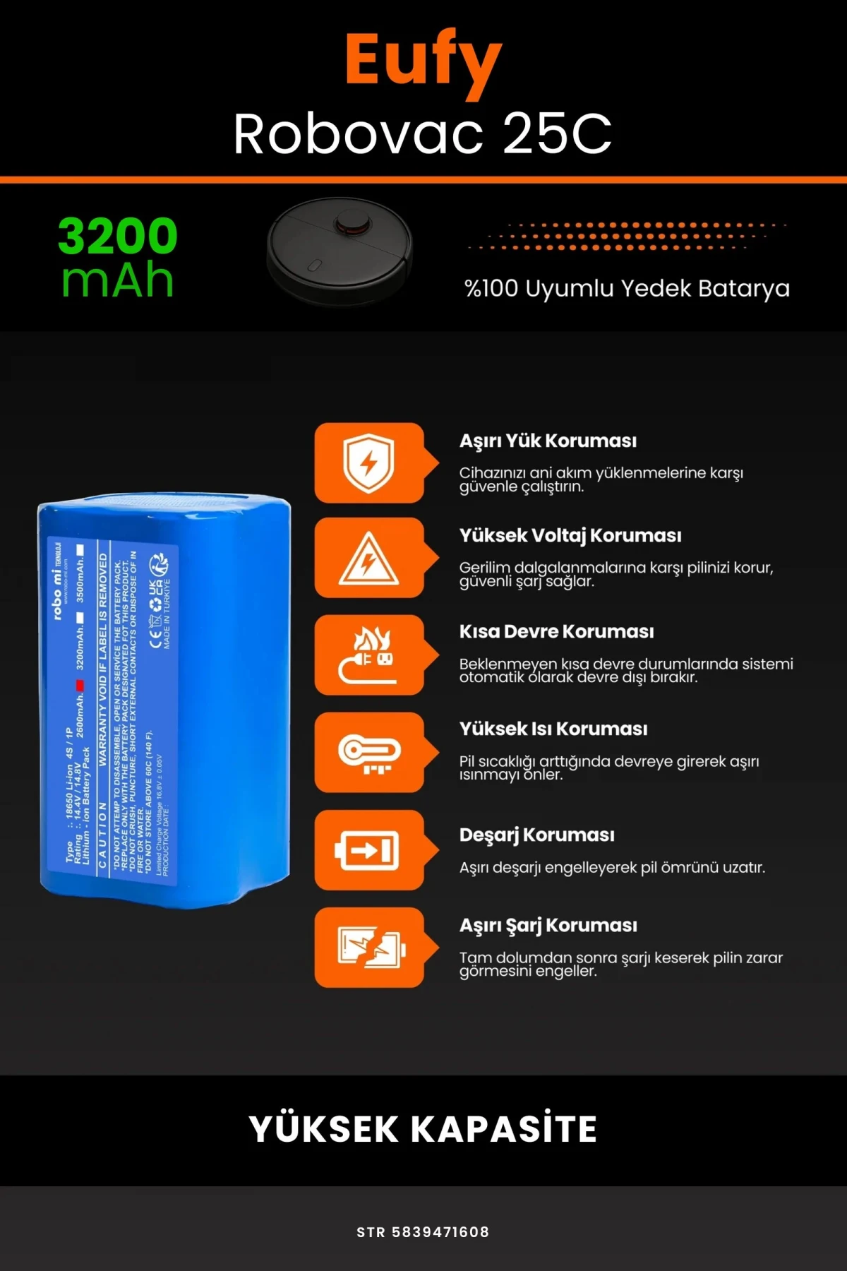 Eufy Robovac 25C 3200mAh Robot Süpürge Bataryası - Gerçek Kapasite, Maksimum Güvenlik