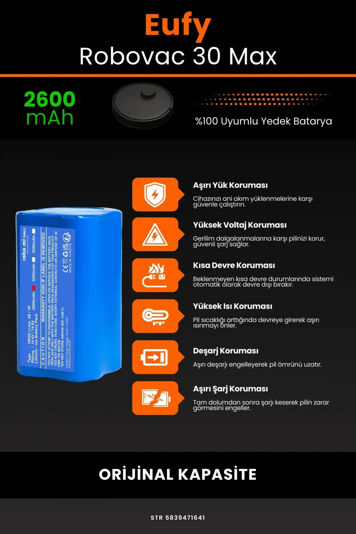 Eufy Robovac 30 Max 2600mAh Robot Süpürge Bataryası - Gerçek Kapasite, Maksimum Güvenlik