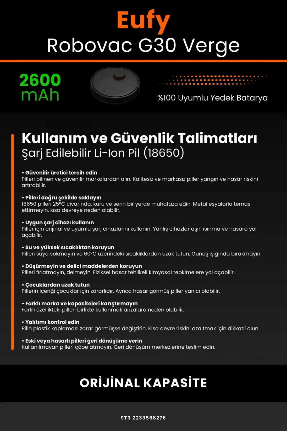 Eufy Robovac G30 Verge 2600mAh Robot Süpürge Bataryası - Gerçek Kapasite, Maksimum Güvenlik