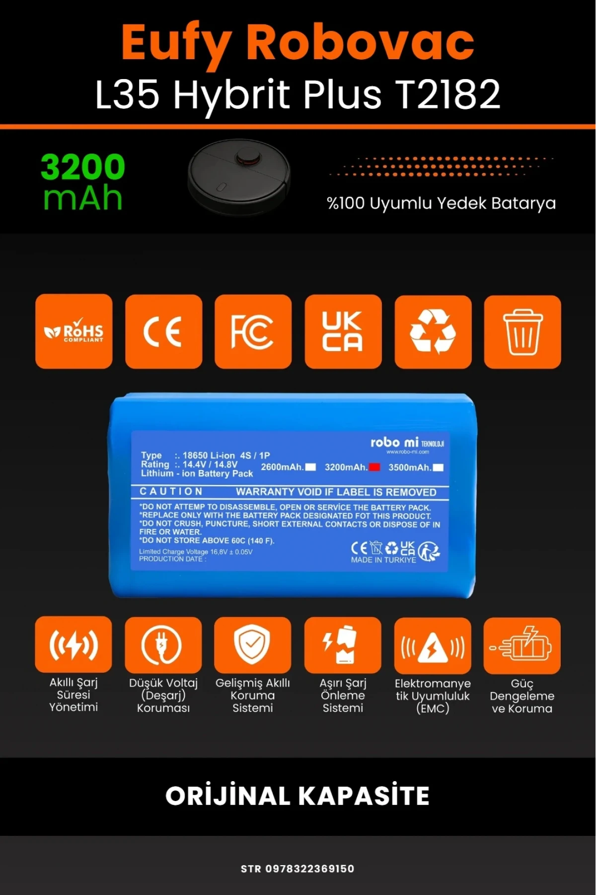 Eufy RoboVac L35 Hybrid Plus T2182 Uyumlu 3200mAh, Robot Süpürge Bataryası - Orijinal Kapasite
