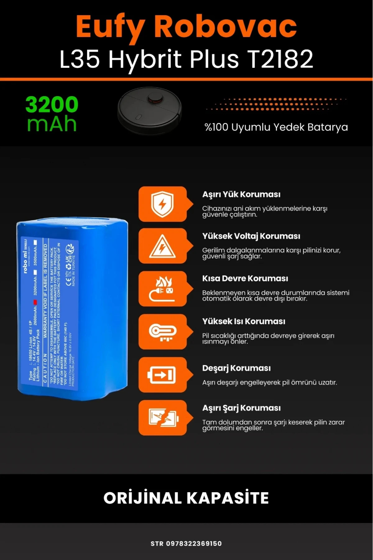 Eufy RoboVac L35 Hybrid Plus T2182 Uyumlu 3200mAh, Robot Süpürge Bataryası - Orijinal Kapasite