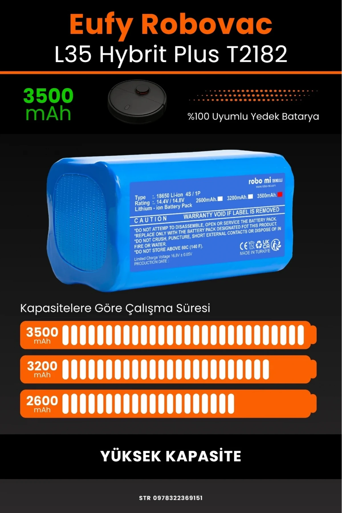 Eufy RoboVac L35 Hybrid Plus T2182 Uyumlu 3500mAh, Robot Süpürge Bataryası - Yüksek Kapasite
