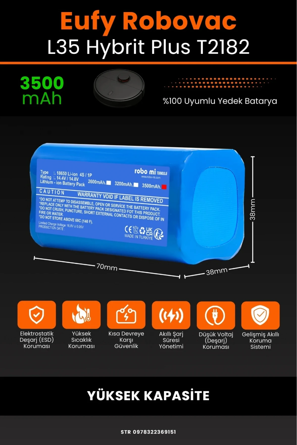 Eufy RoboVac L35 Hybrid Plus T2182 Uyumlu 3500mAh, Robot Süpürge Bataryası - Yüksek Kapasite