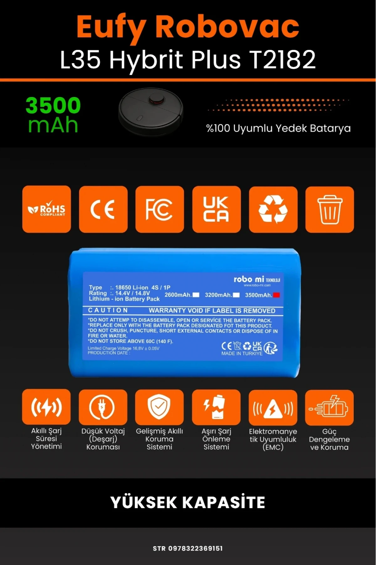 Eufy RoboVac L35 Hybrid Plus T2182 Uyumlu 3500mAh, Robot Süpürge Bataryası - Yüksek Kapasite