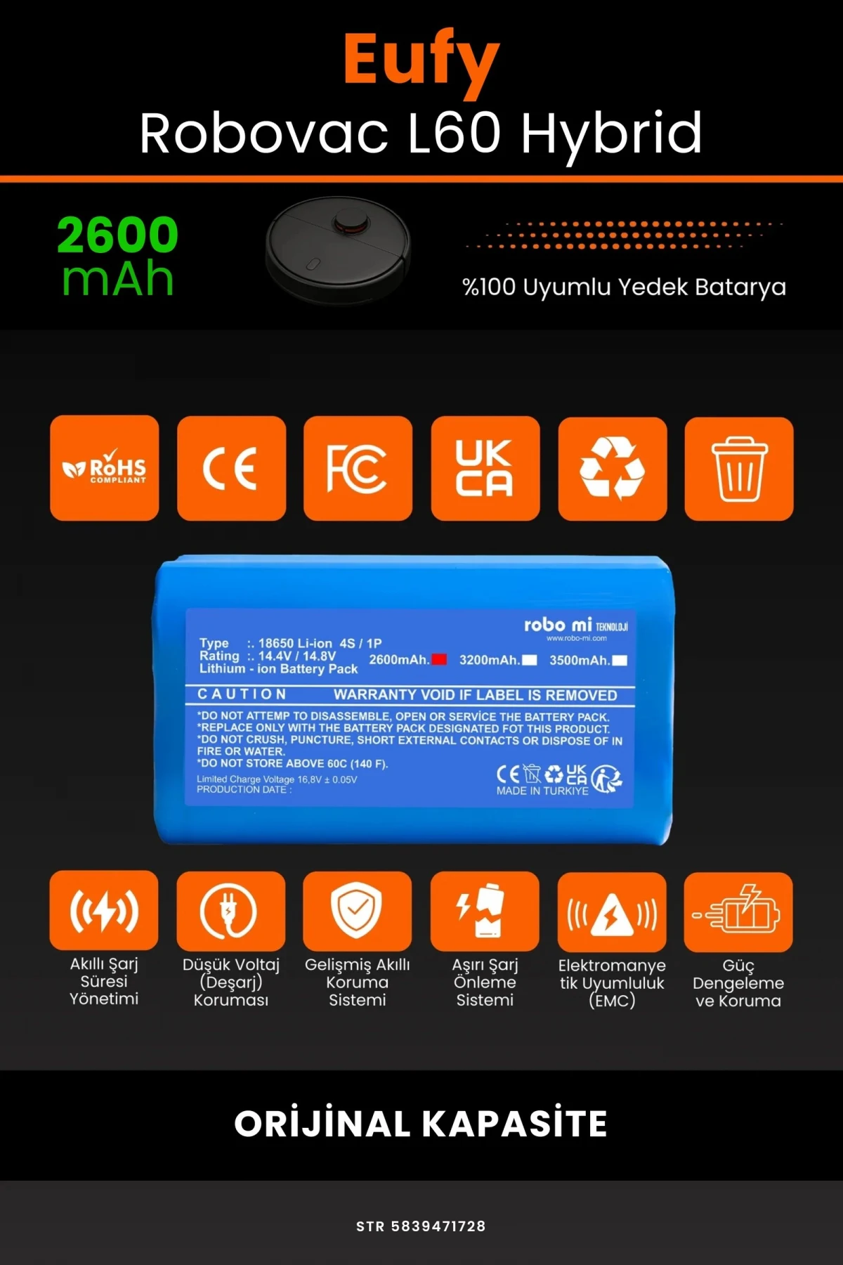 Eufy Robovac L60 Hybrid 2600.mAh Robot Süpürge Bataryası - Gerçek Kapasite - Maksimum Güvenlik