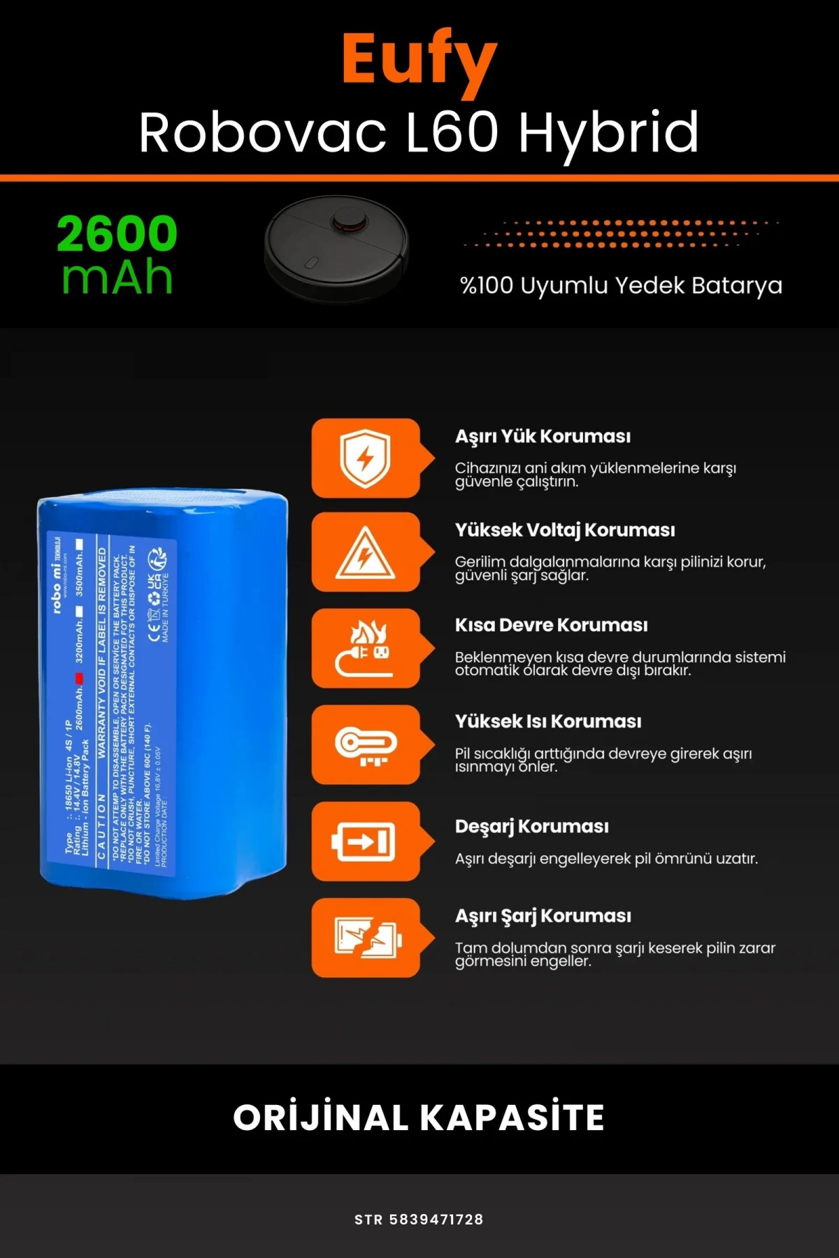 Eufy Robovac L60 Hybrid 2600.mAh Robot Süpürge Bataryası - Gerçek Kapasite - Maksimum Güvenlik