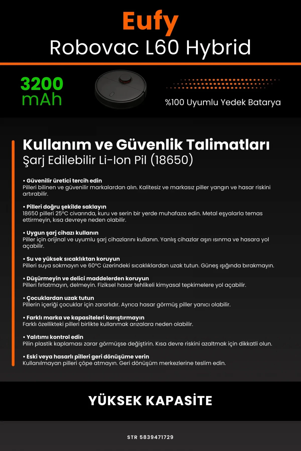 Eufy Robovac L60 Hybrid 3200.mAh Robot Süpürge Bataryası - Gerçek Kapasite - Maksimum Güvenlik