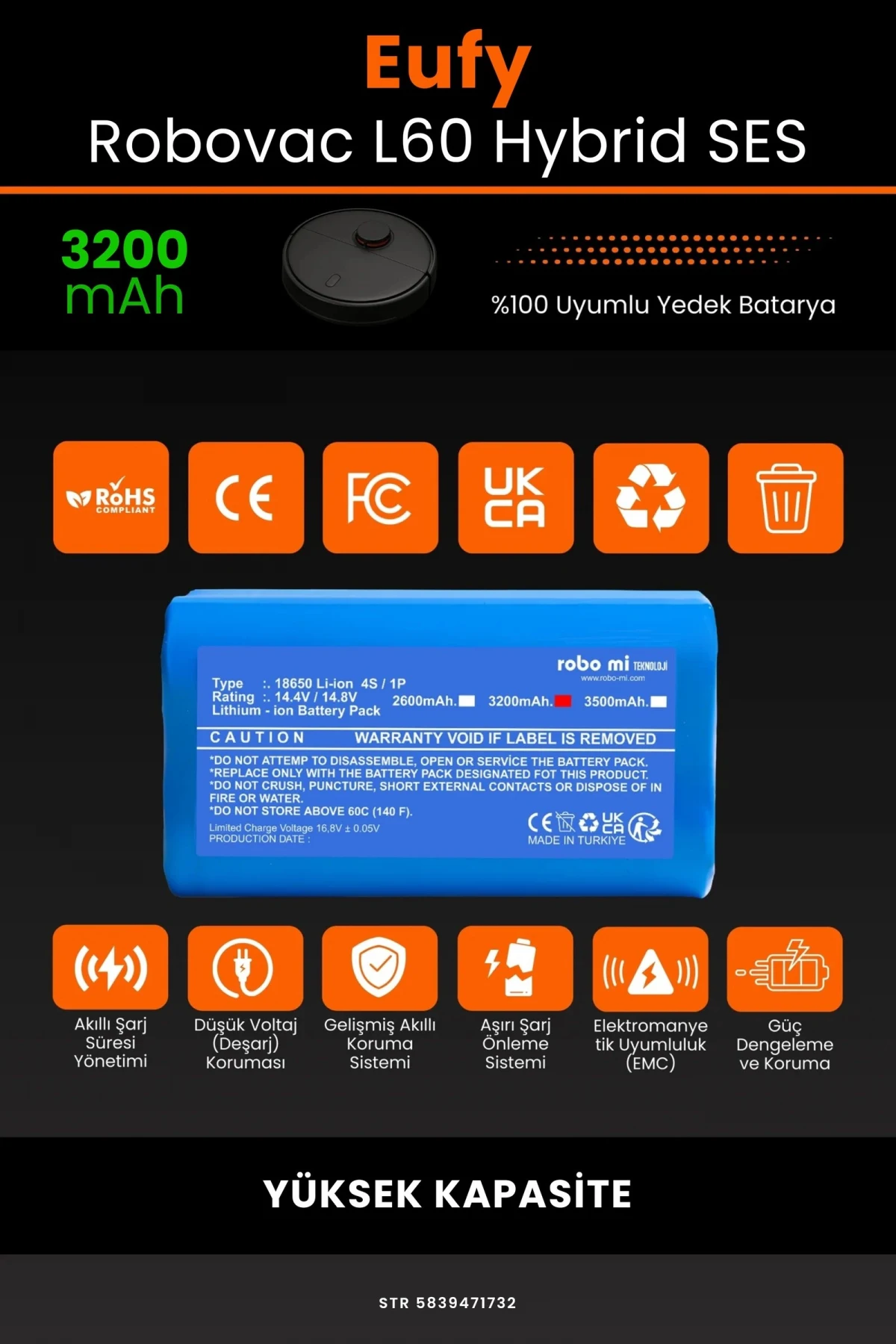 Eufy Robovac L60 Hybrid SES 3200.mAh Robot Süpürge Bataryası - Gerçek Kapasite - Maksimum Güvenlik