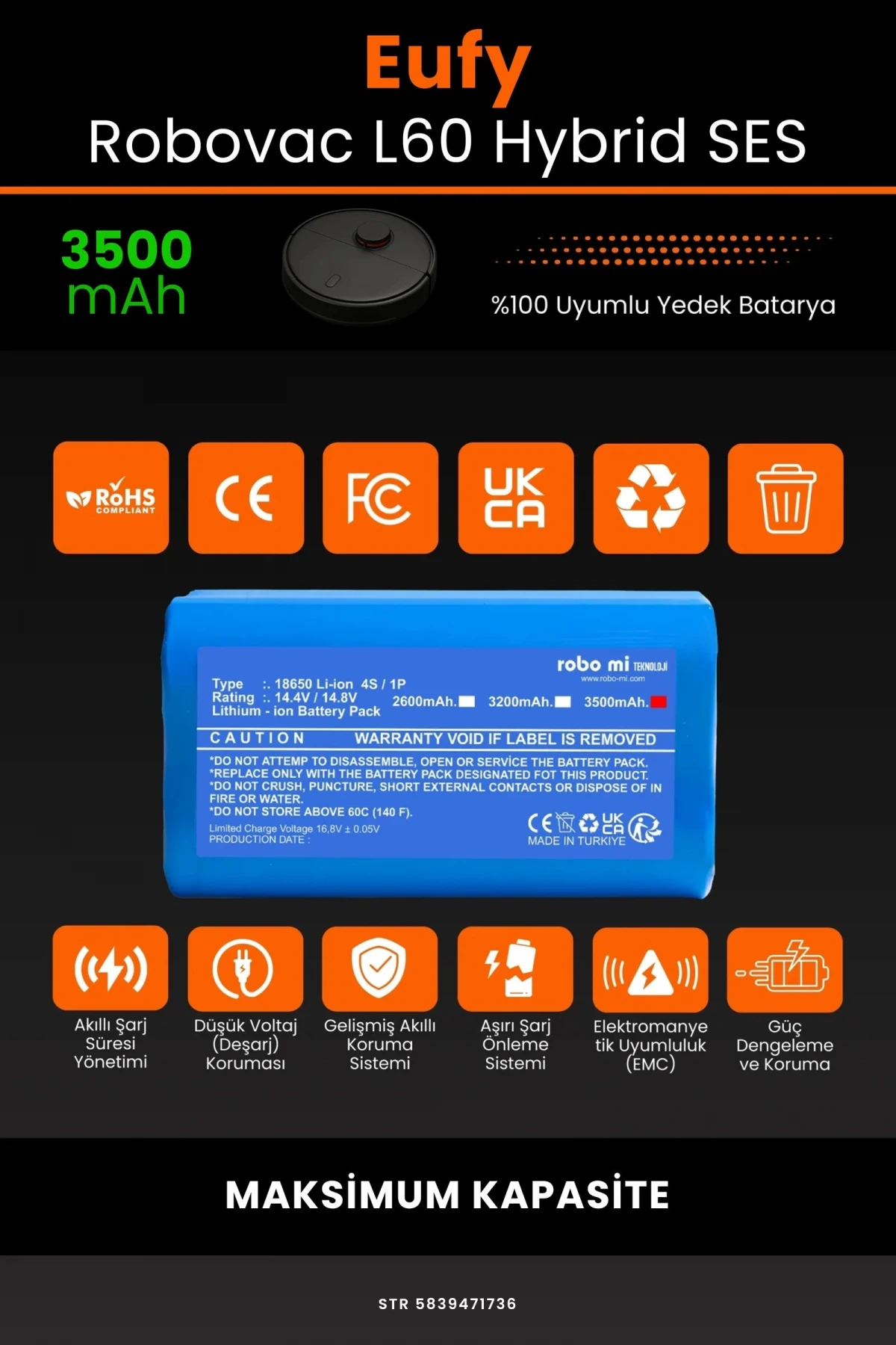 Eufy Robovac L60 SES 3500.mAh Robot Süpürge Bataryası - Gerçek Kapasite - Maksimum Güvenlik