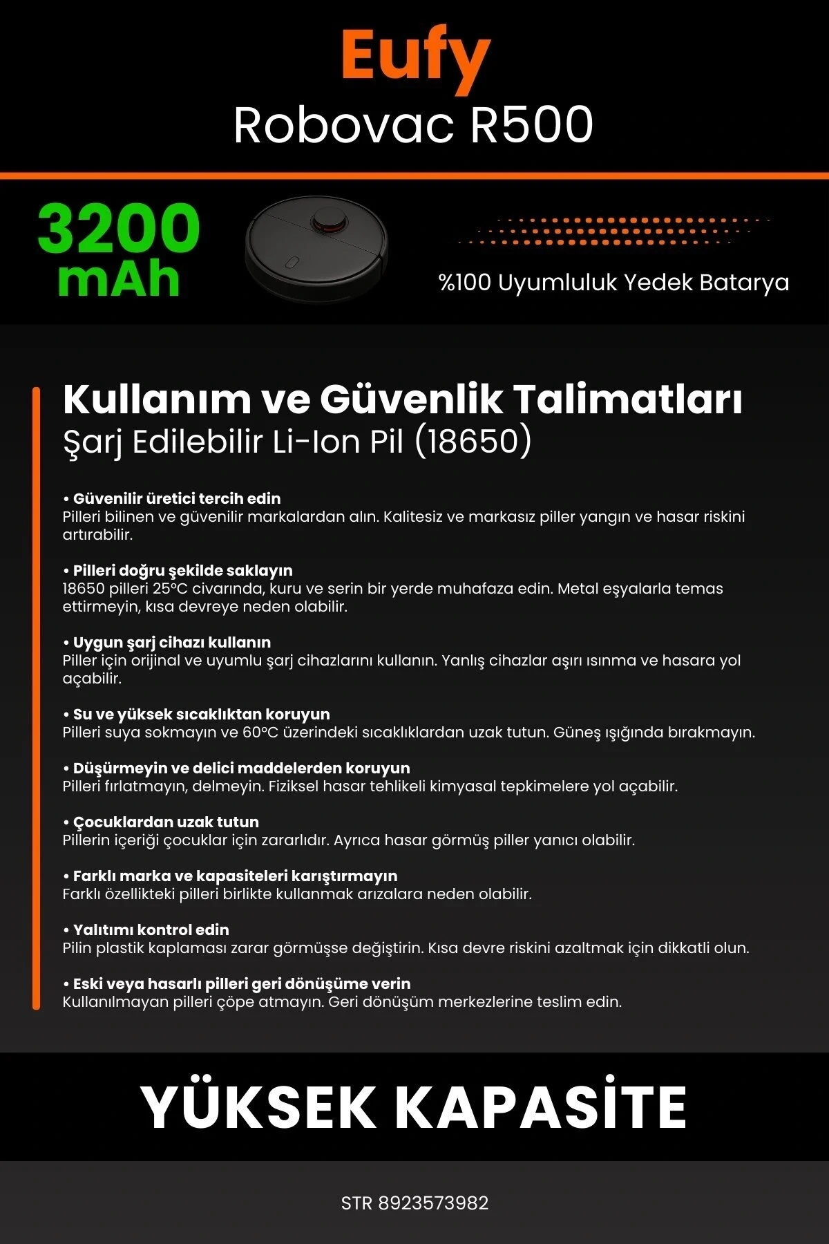 Eufy Robovac R500 3200mAh Robot Süpürge Bataryası - Gerçek Kapasite - Maksimum Güvenlik