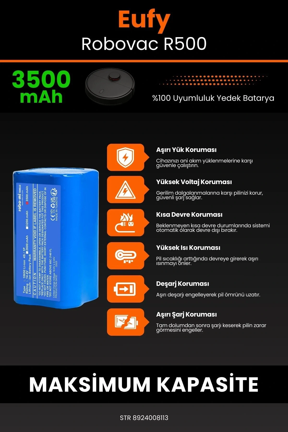 Eufy Robovac R500 3500mAh Robot Süpürge Bataryası - Gerçek Kapasite - Maksimum Güvenlik
