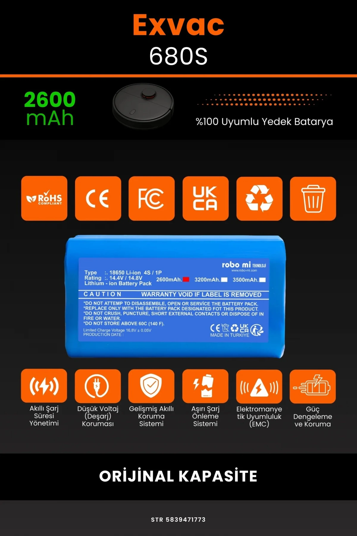 Exvac Exvac 680S 2600mAh Robot Süpürge Bataryası - Gerçek Kapasite, Maksimum Güvenlik