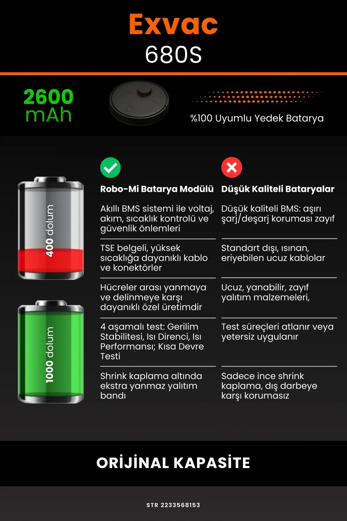 Exvac Exvac 680S 2600mAh Robot Süpürge Bataryası - Gerçek Kapasite, Maksimum Güvenlik
