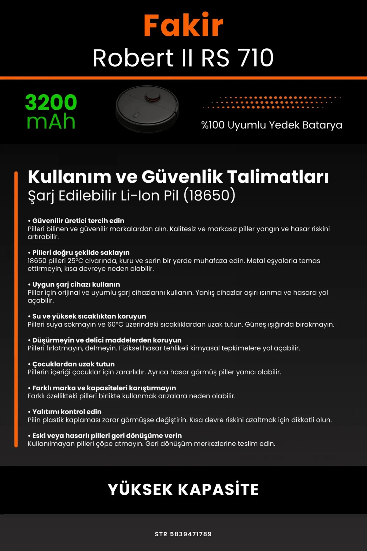 Fakir Robert II RS 710 3200mAh Robot Süpürge Bataryası - Gerçek Kapasite, Maksimum Güvenlik