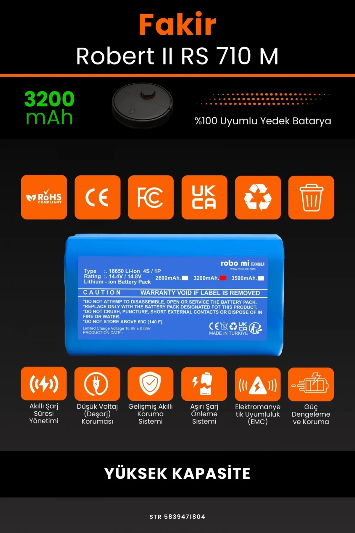 Fakir Robert II RS 710 M 3200mAh Robot Süpürge Bataryası - Gerçek Kapasite, Maksimum Güvenlik