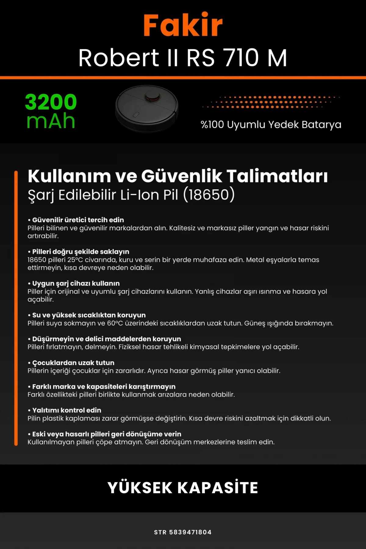 Fakir Robert II RS 710 M 3200mAh Robot Süpürge Bataryası - Gerçek Kapasite, Maksimum Güvenlik