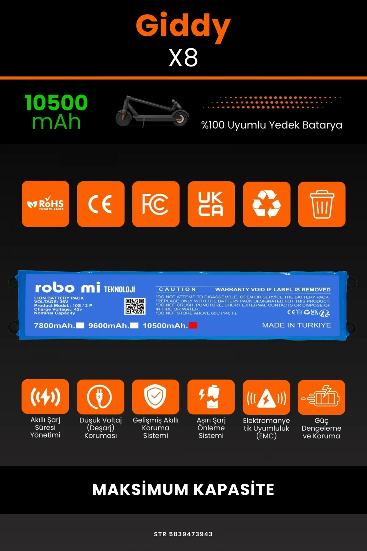 Giddy X8 / 36V 10500mAh Elektrikli Scooter Bataryası - Gerçek Kapasite, Maksimum Güvenlik