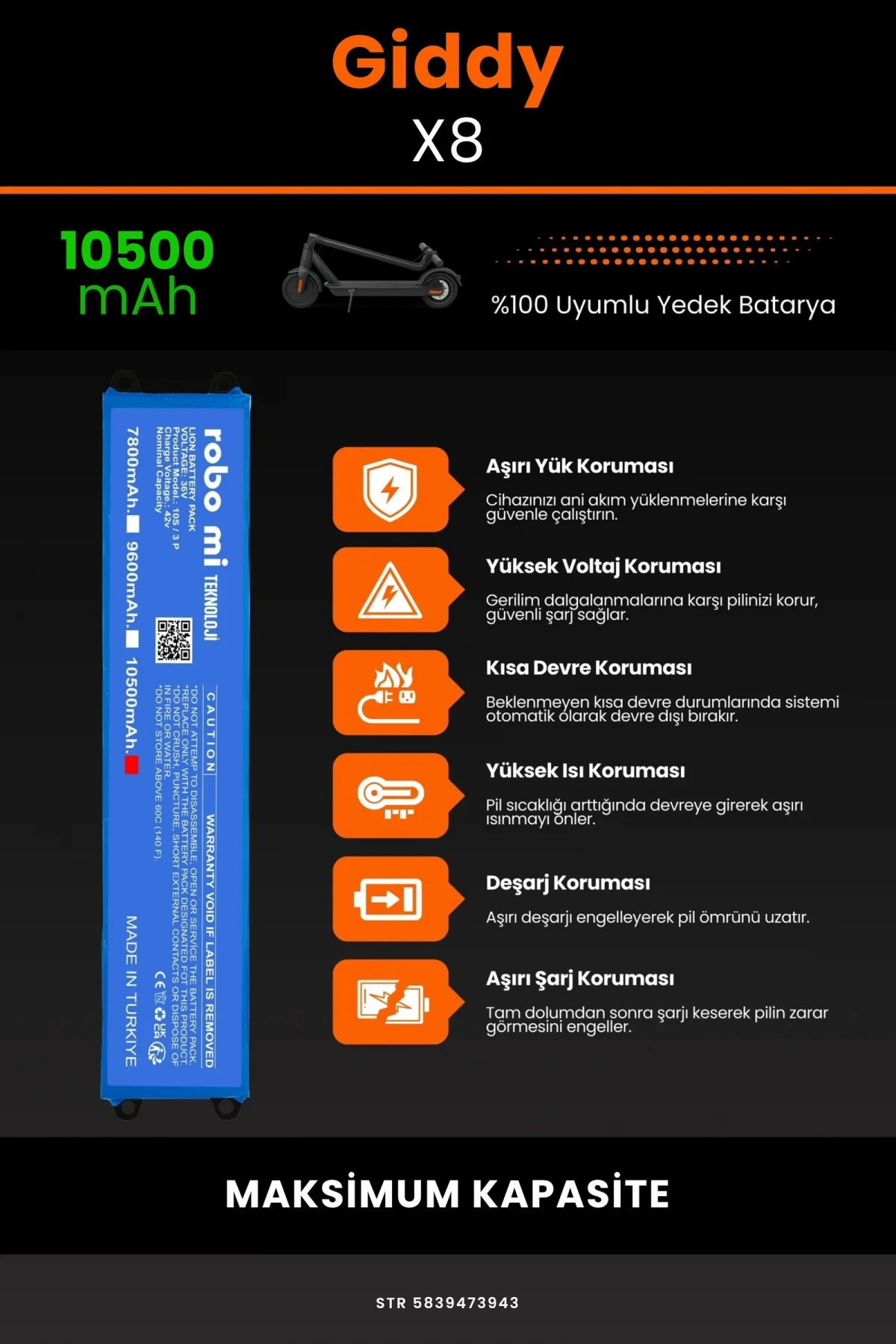 Giddy X8 / 36V 10500mAh Elektrikli Scooter Bataryası - Gerçek Kapasite, Maksimum Güvenlik