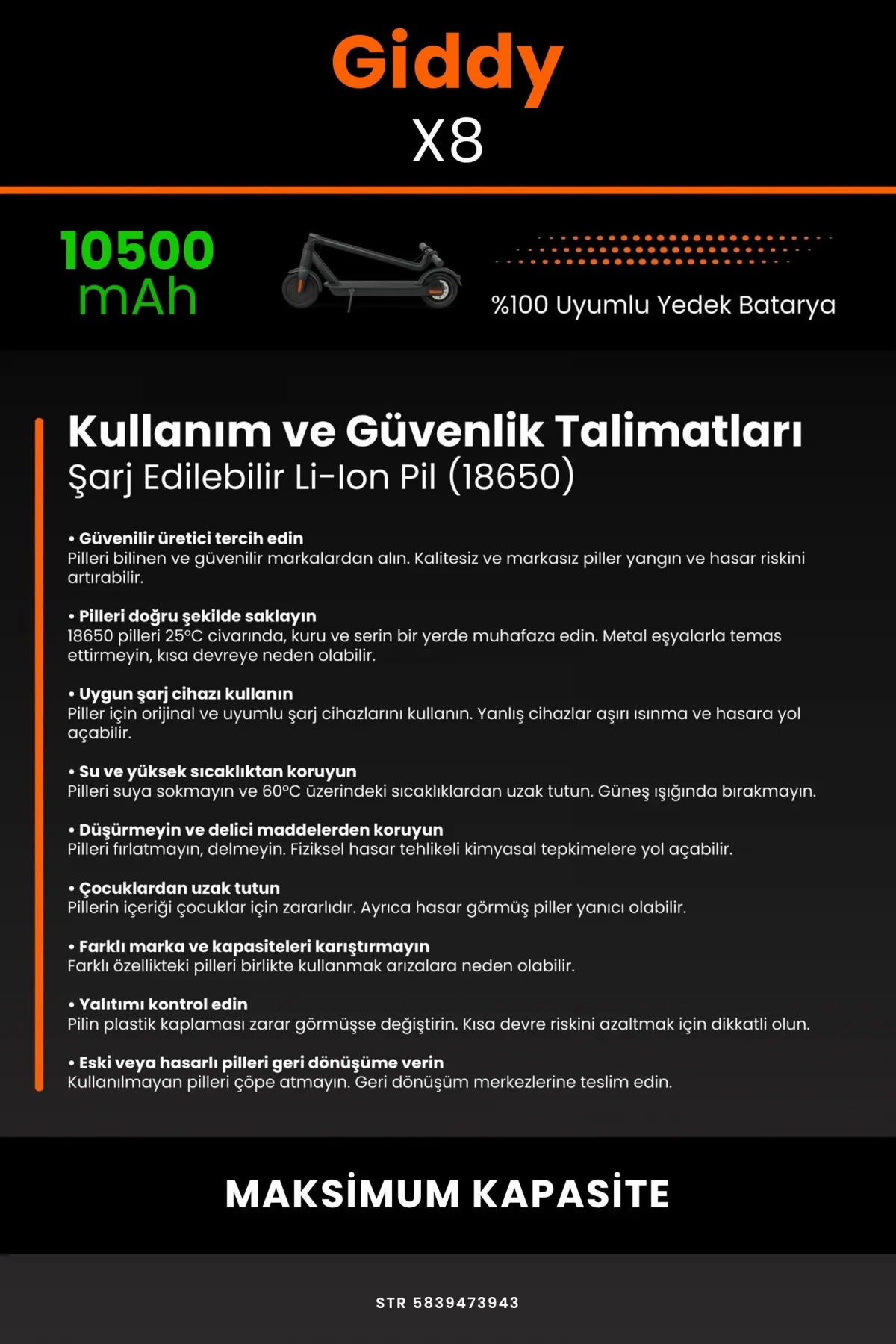 Giddy X8 / 36V 10500mAh Elektrikli Scooter Bataryası - Gerçek Kapasite, Maksimum Güvenlik