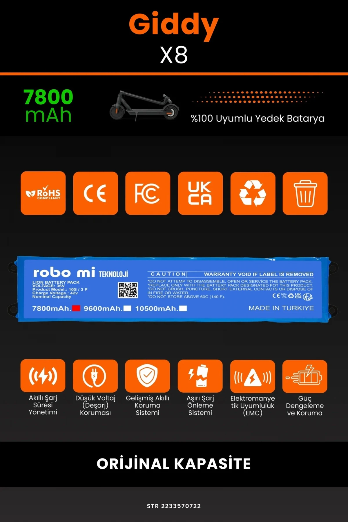 Giddy X8 / 36V 7800mAh Elektrikli Scooter Bataryası - Gerçek Kapasite, Maksimum Güvenlik