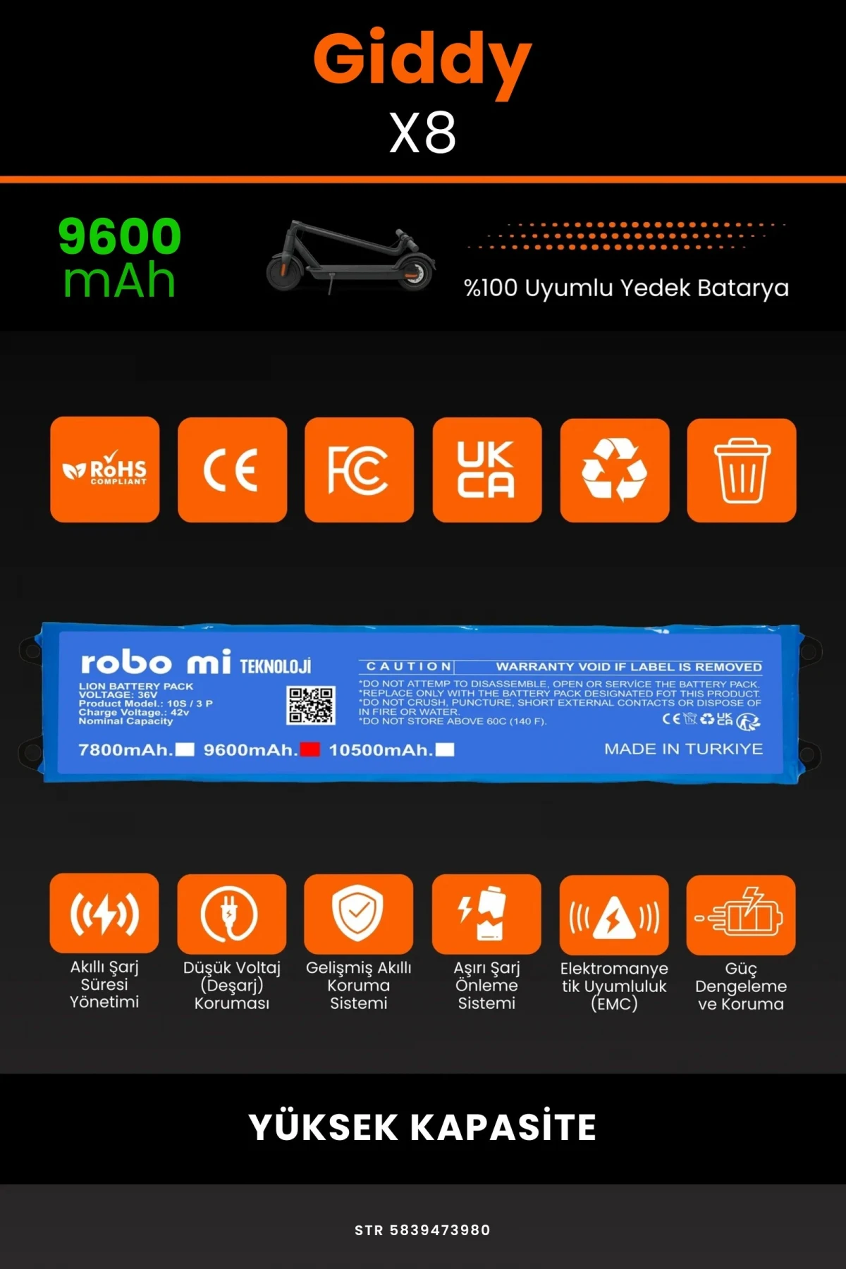 Giddy X8 / 36V 9600mAh Elektrikli Scooter Bataryası - Gerçek Kapasite, Maksimum Güvenlik