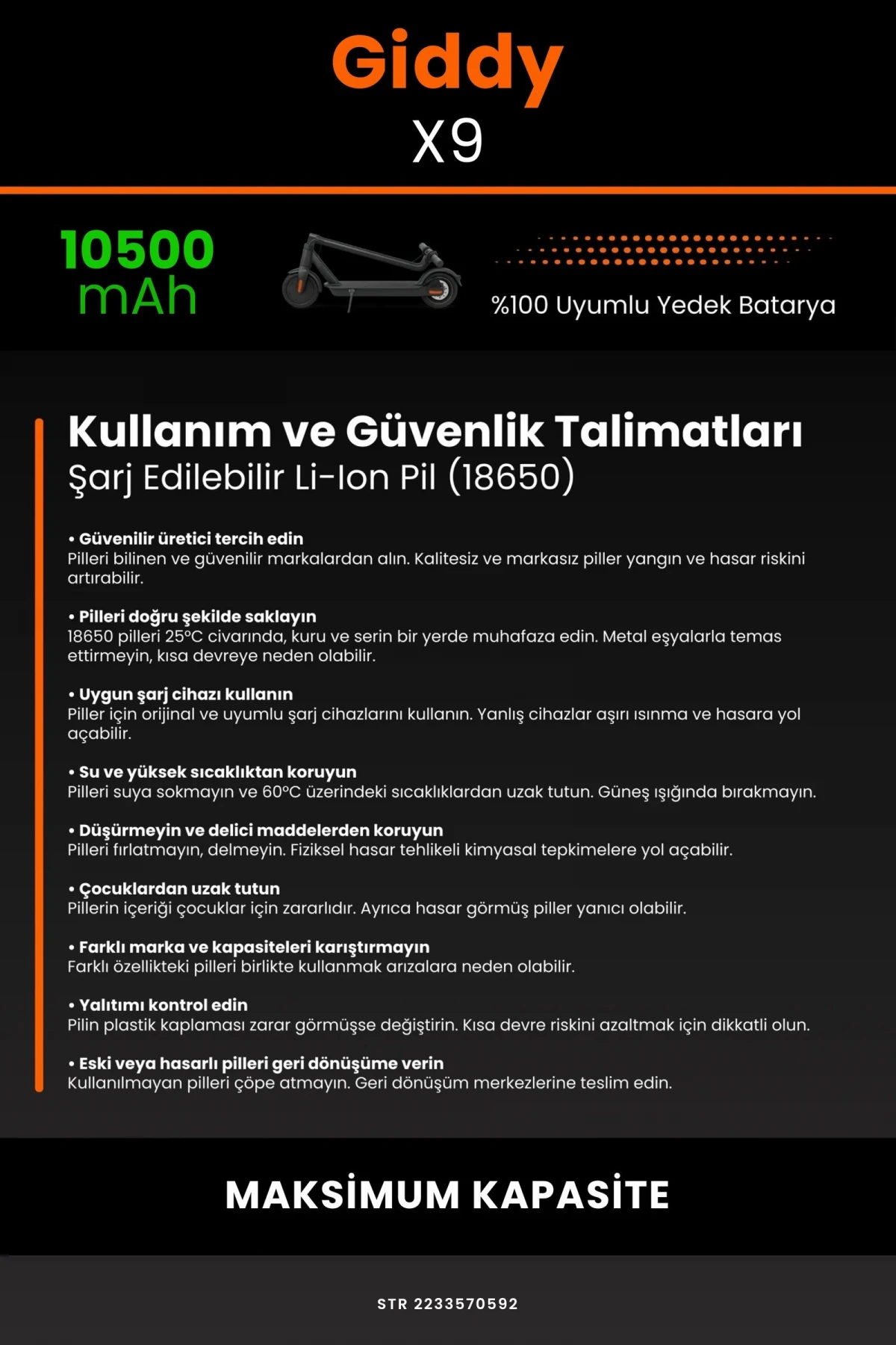 Giddy X9 / 36V 10500mAh Elektrikli Scooter Bataryası - Gerçek Kapasite, Maksimum Güvenlik