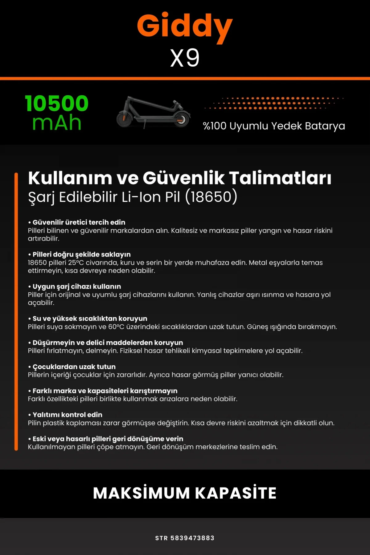 Giddy X9 / 36V 10500mAh Elektrikli Scooter Bataryası - Gerçek Kapasite, Maksimum Güvenlik