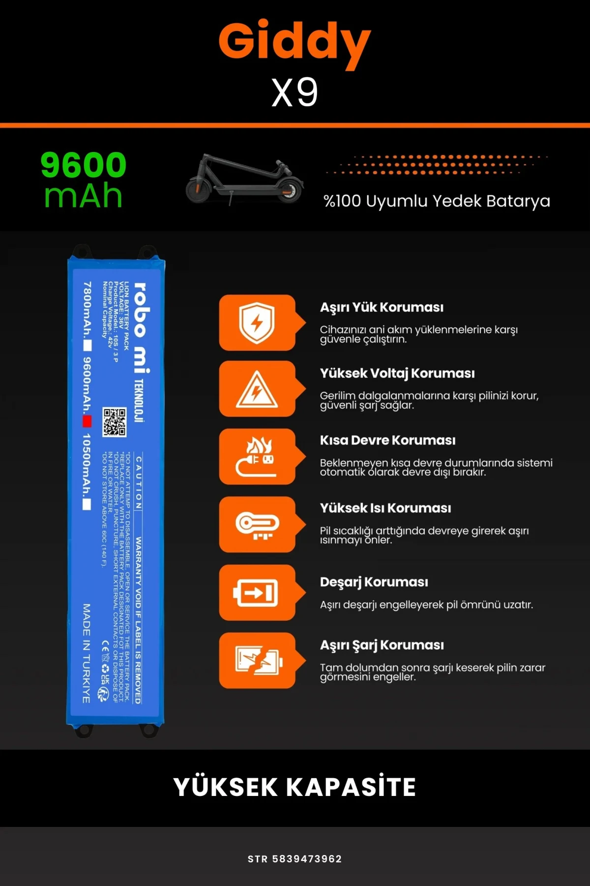 Giddy X9 / 36V 9600mAh Elektrikli Scooter Bataryası - Gerçek Kapasite, Maksimum Güvenlik