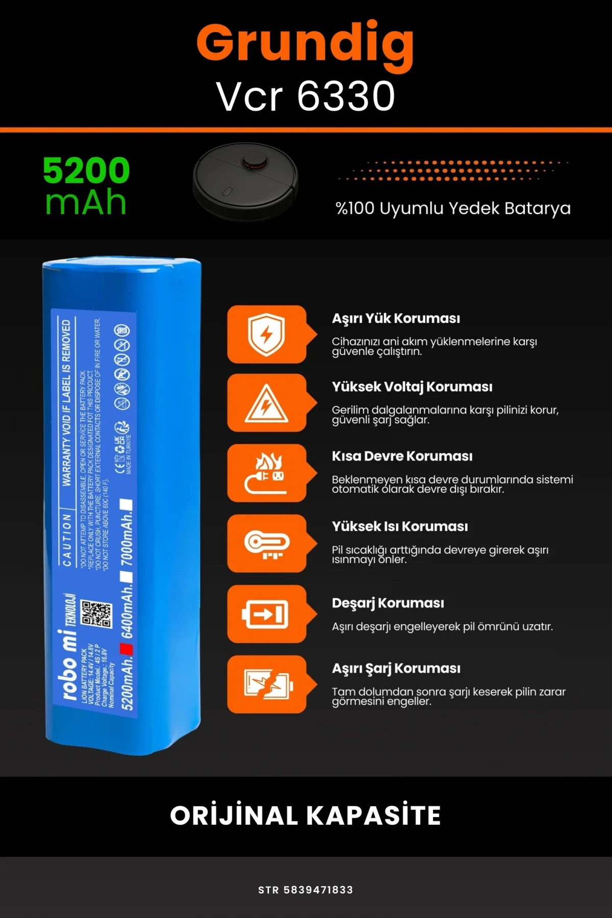 Grundig Vcr 6330 5200mAh Robot Süpürge Bataryası - Gerçek Kapasite, Maksimum Güvenlik