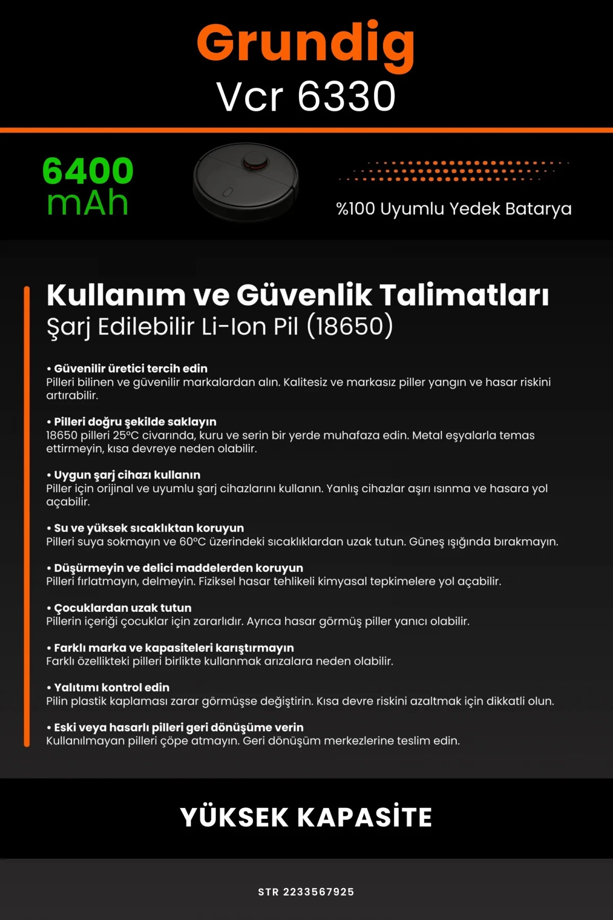 Grundig Vcr 6330 6400mAh Robot Süpürge Bataryası - Gerçek Kapasite, Maksimum Güvenlik