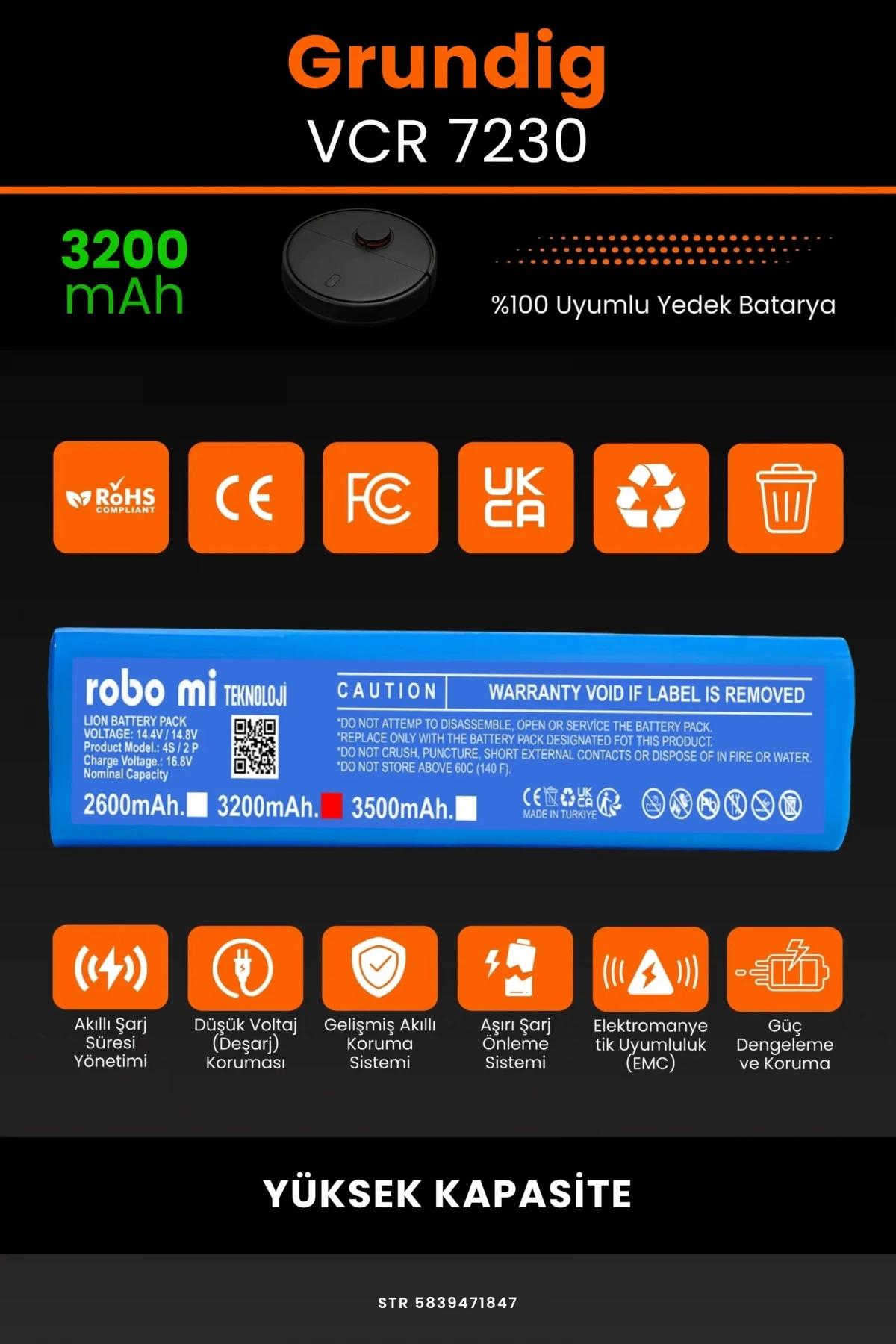 Grundig VCR 7230 3200mAh Robot Süpürge Bataryası - Gerçek Kapasite, Maksimum Güvenlik