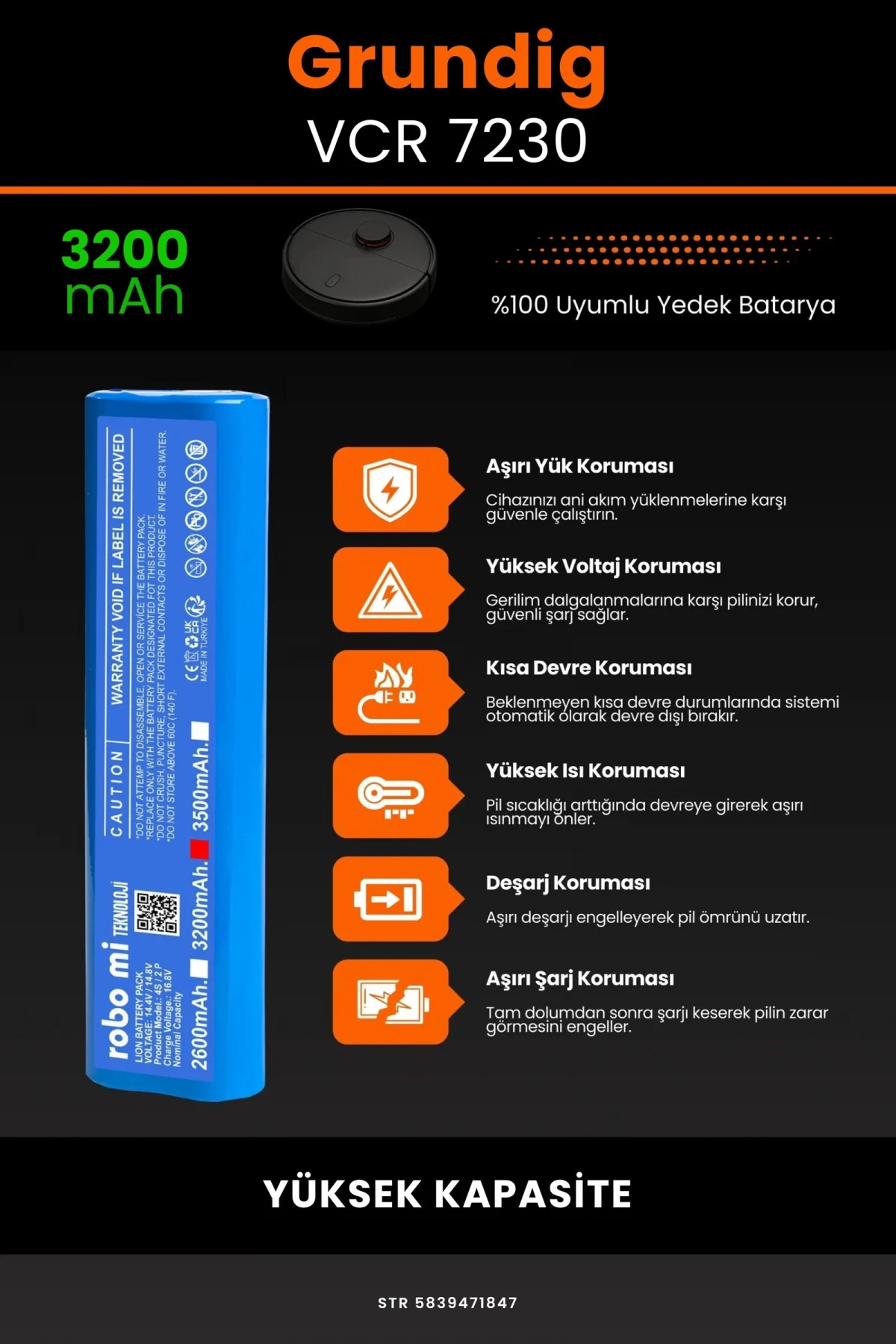 Grundig VCR 7230 3200mAh Robot Süpürge Bataryası - Gerçek Kapasite, Maksimum Güvenlik