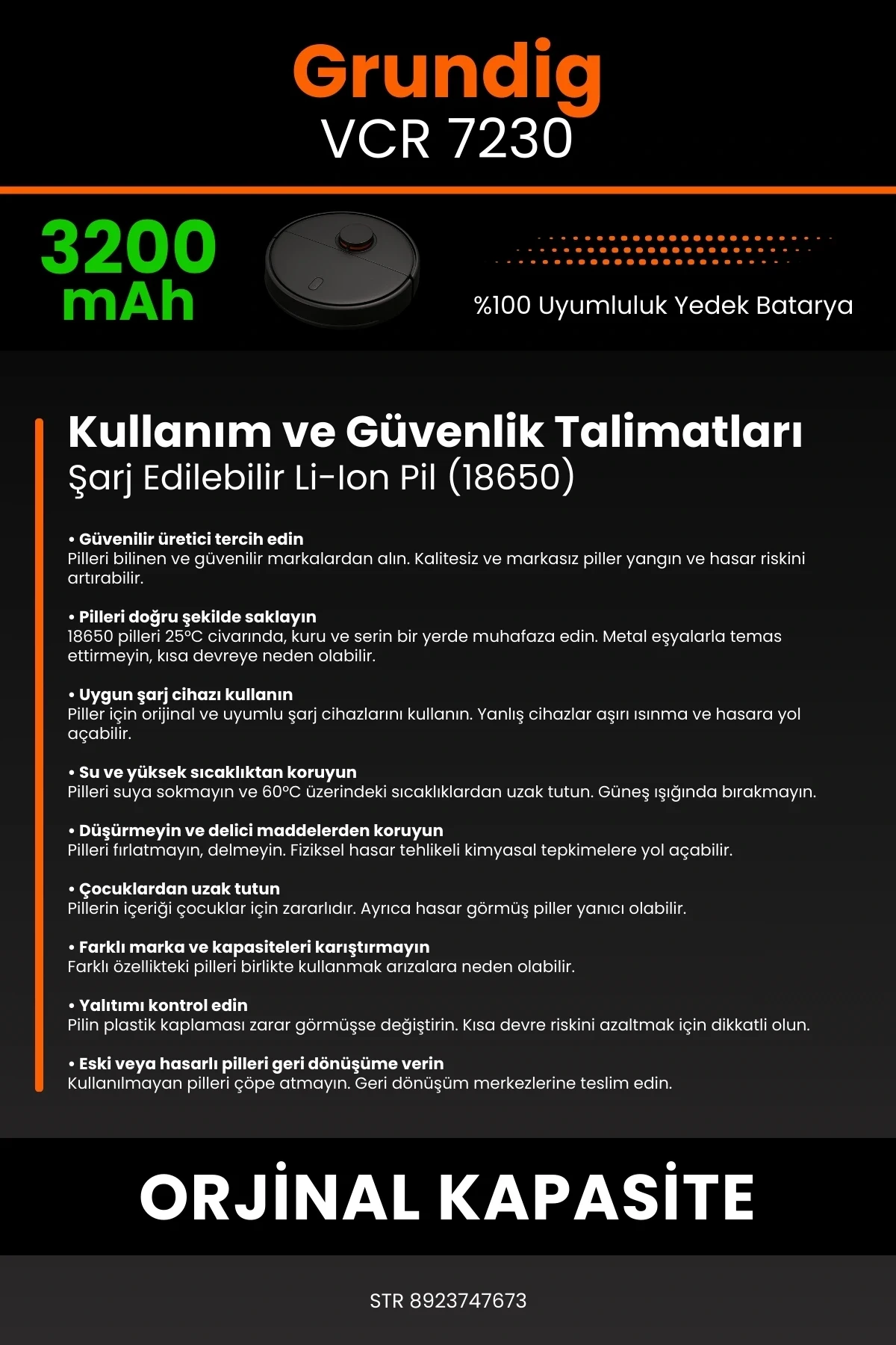 Grundig VCR 7230 3200mAh Robot Süpürge Bataryası - Gerçek Kapasite, Maksimum Güvenlik