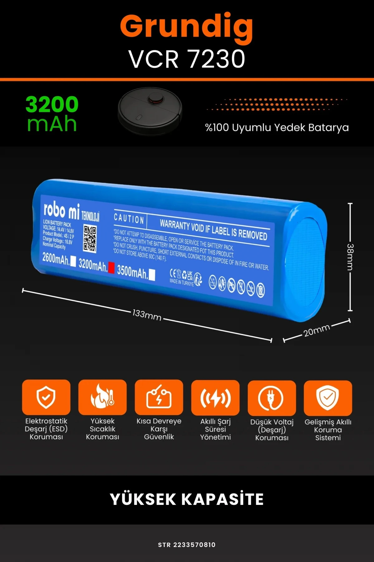 Grundig VCR 7230 3200mAh Robot Süpürge Bataryası - Koruma Katmanlı Batarya Teknolojisi