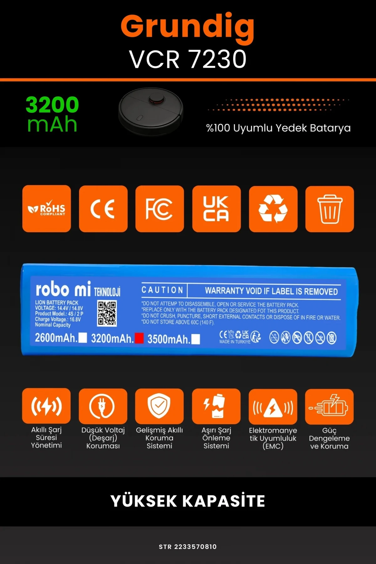 Grundig VCR 7230 3200mAh Robot Süpürge Bataryası - Koruma Katmanlı Batarya Teknolojisi
