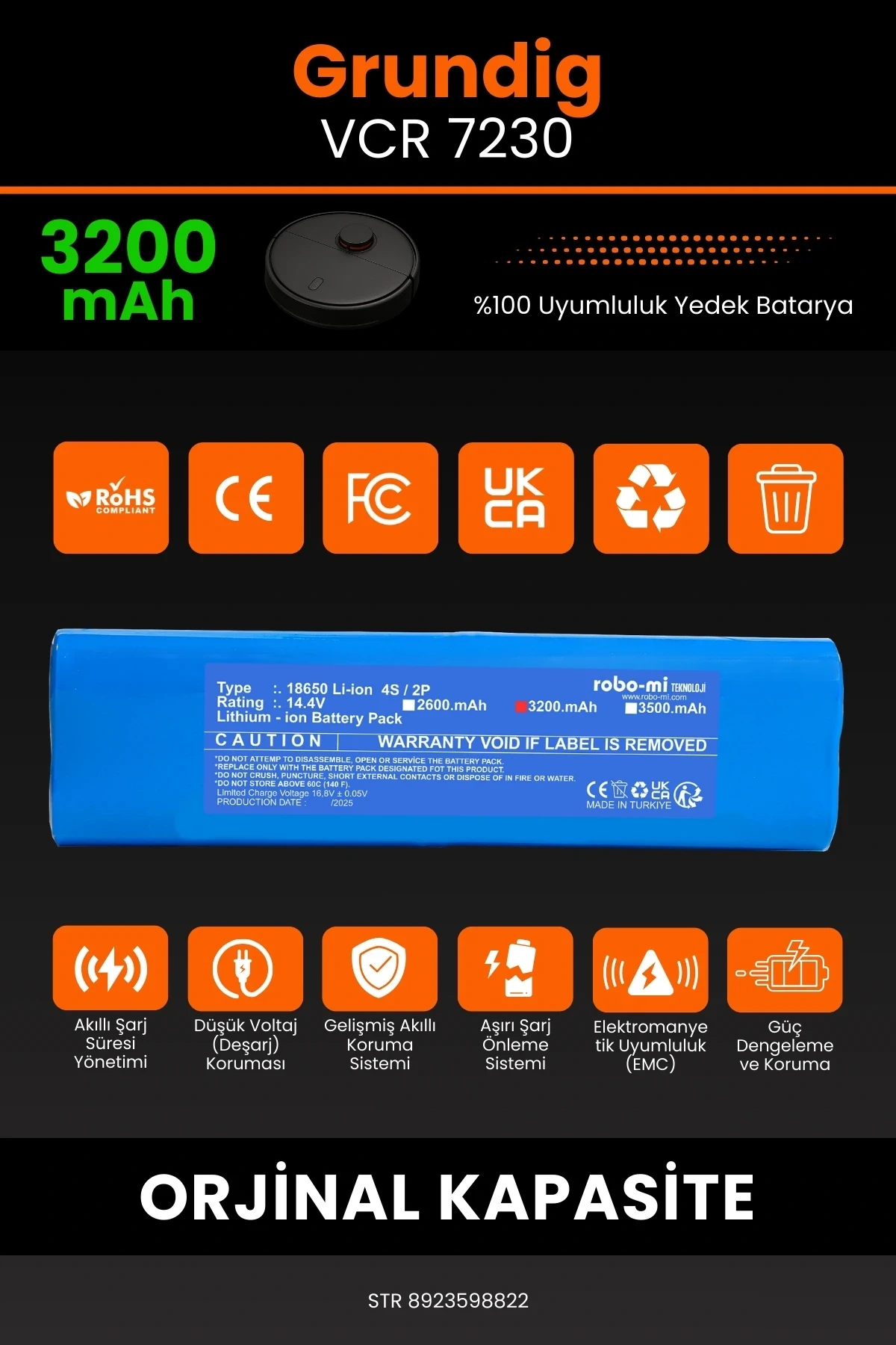 Grundig VCR 7230 3200mAh Robot Süpürge Bataryası - Yüksek Yoğunluklu Li-ion Hücre