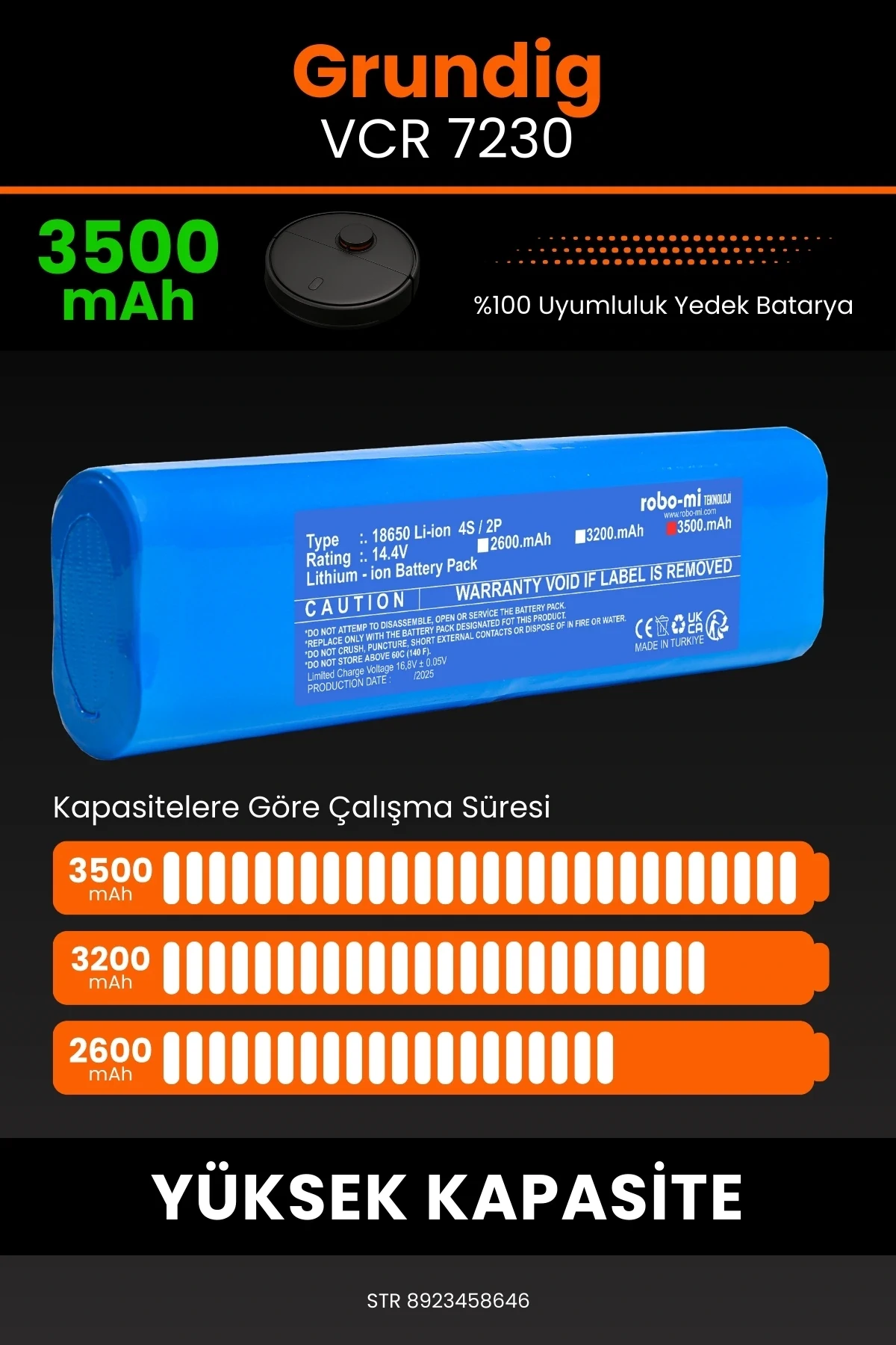 Grundig VCR 7230 3500mAh Robot Süpürge Bataryası - Gerçek Kapasite, Maksimum Güvenlik
