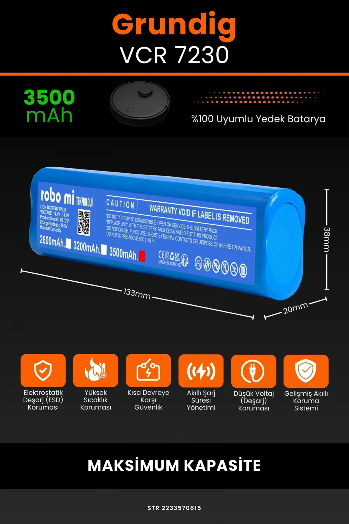 Grundig VCR 7230 3500mAh Robot Süpürge Bataryası - Koruma Katmanlı Batarya Teknolojisi