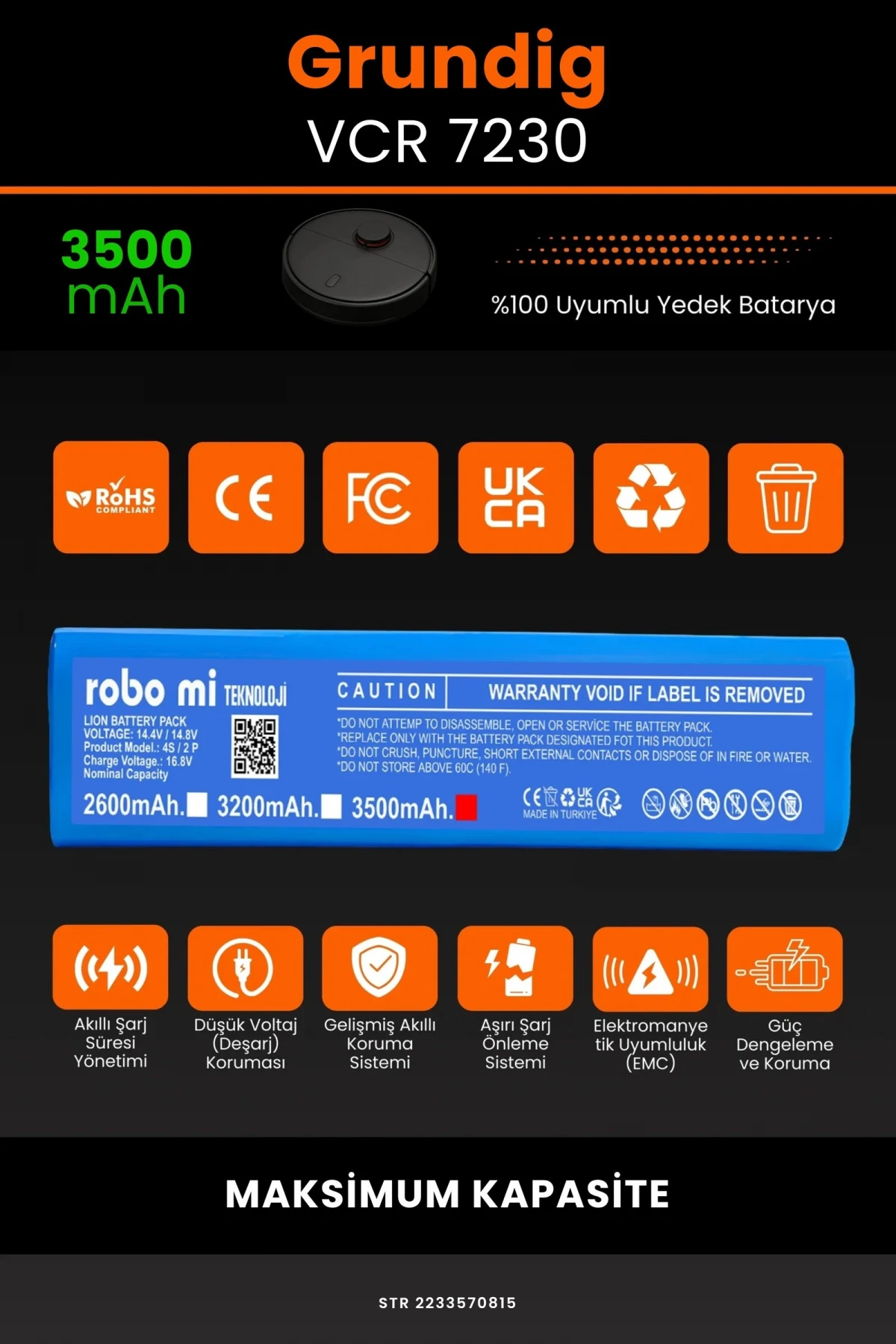 Grundig VCR 7230 3500mAh Robot Süpürge Bataryası - Koruma Katmanlı Batarya Teknolojisi