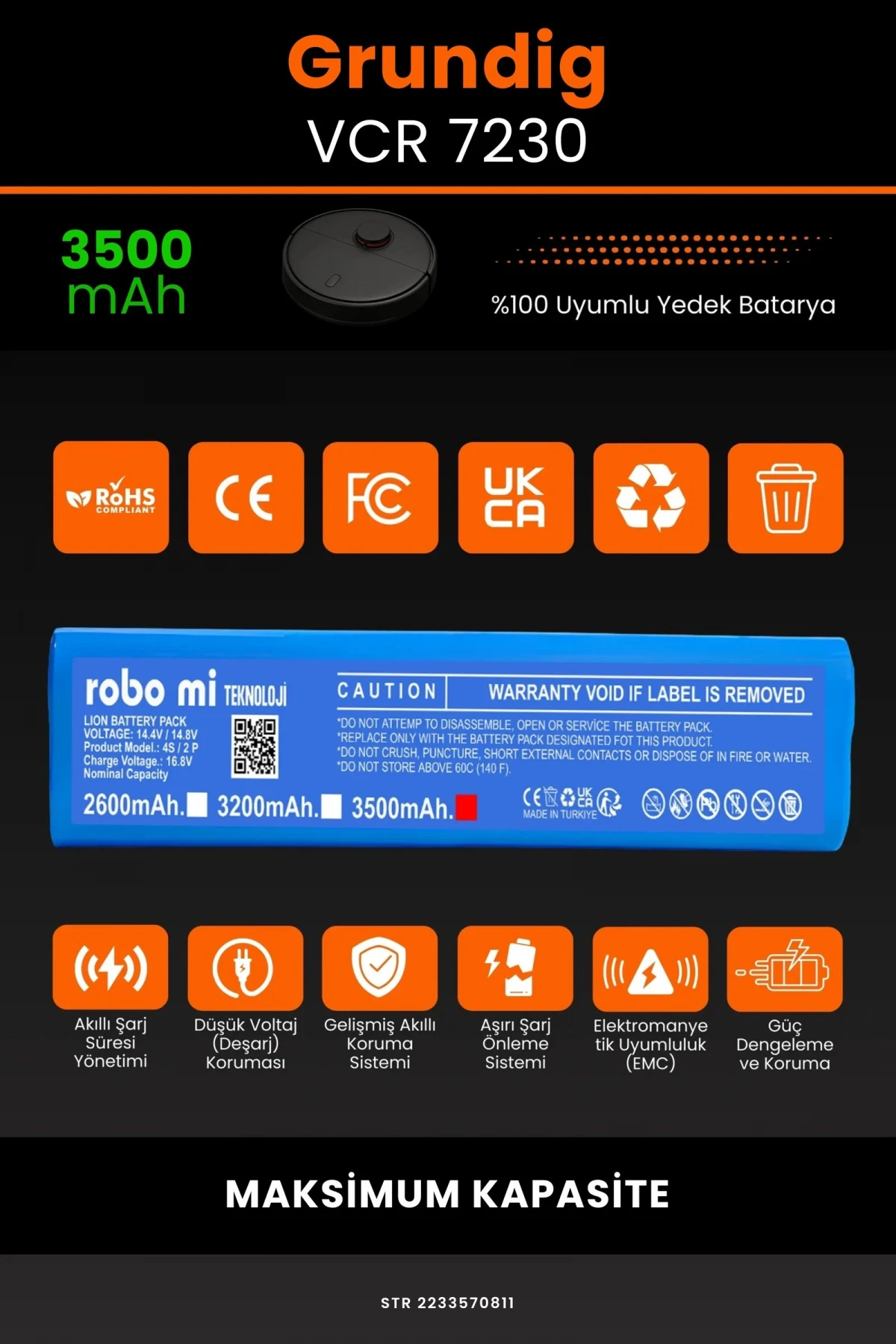 Grundig VCR 7230 3500mAh Robot Süpürge Bataryası - Sertifikalı Güvenlik, Gerçek Kapasite