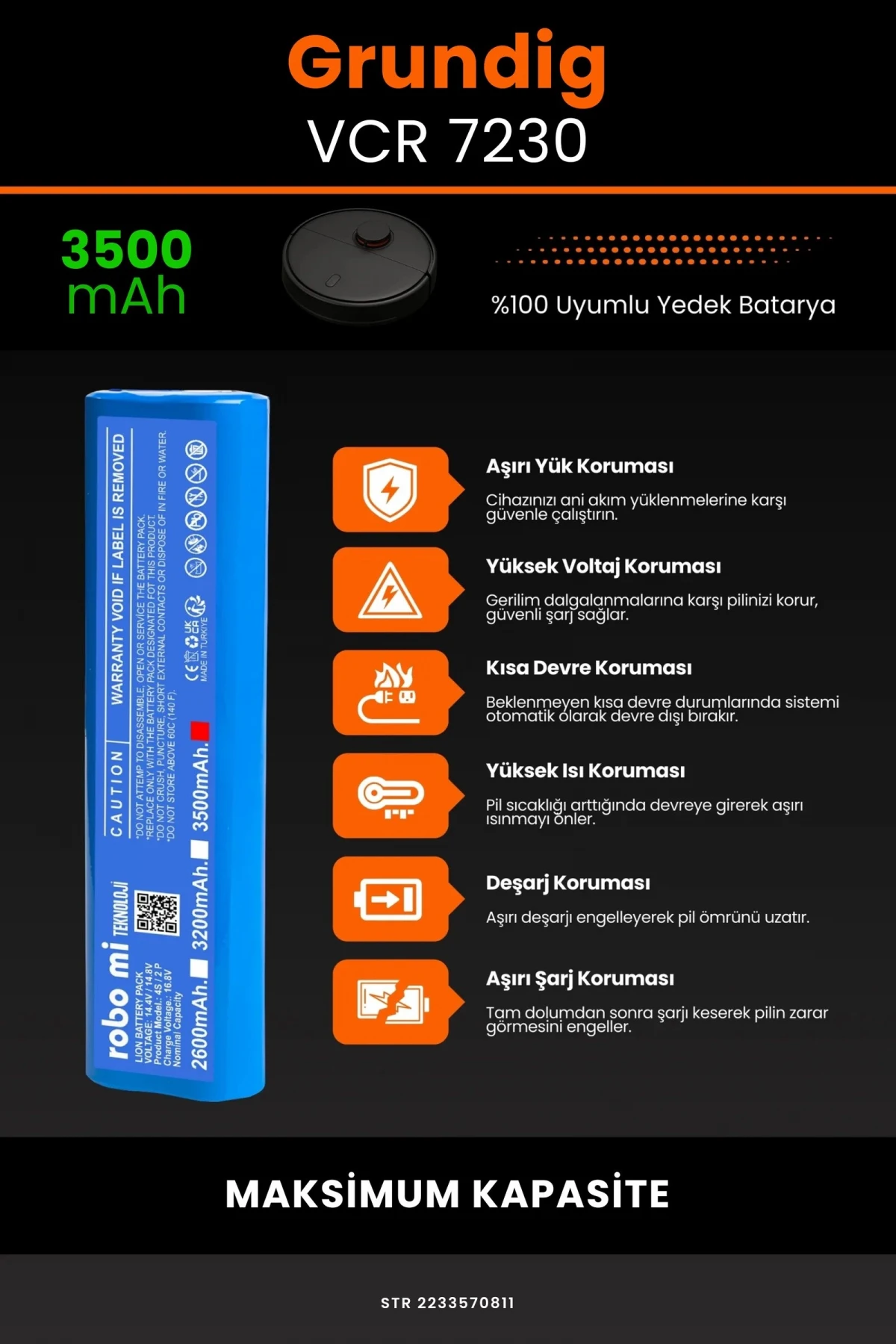 Grundig VCR 7230 3500mAh Robot Süpürge Bataryası - Sertifikalı Güvenlik, Gerçek Kapasite