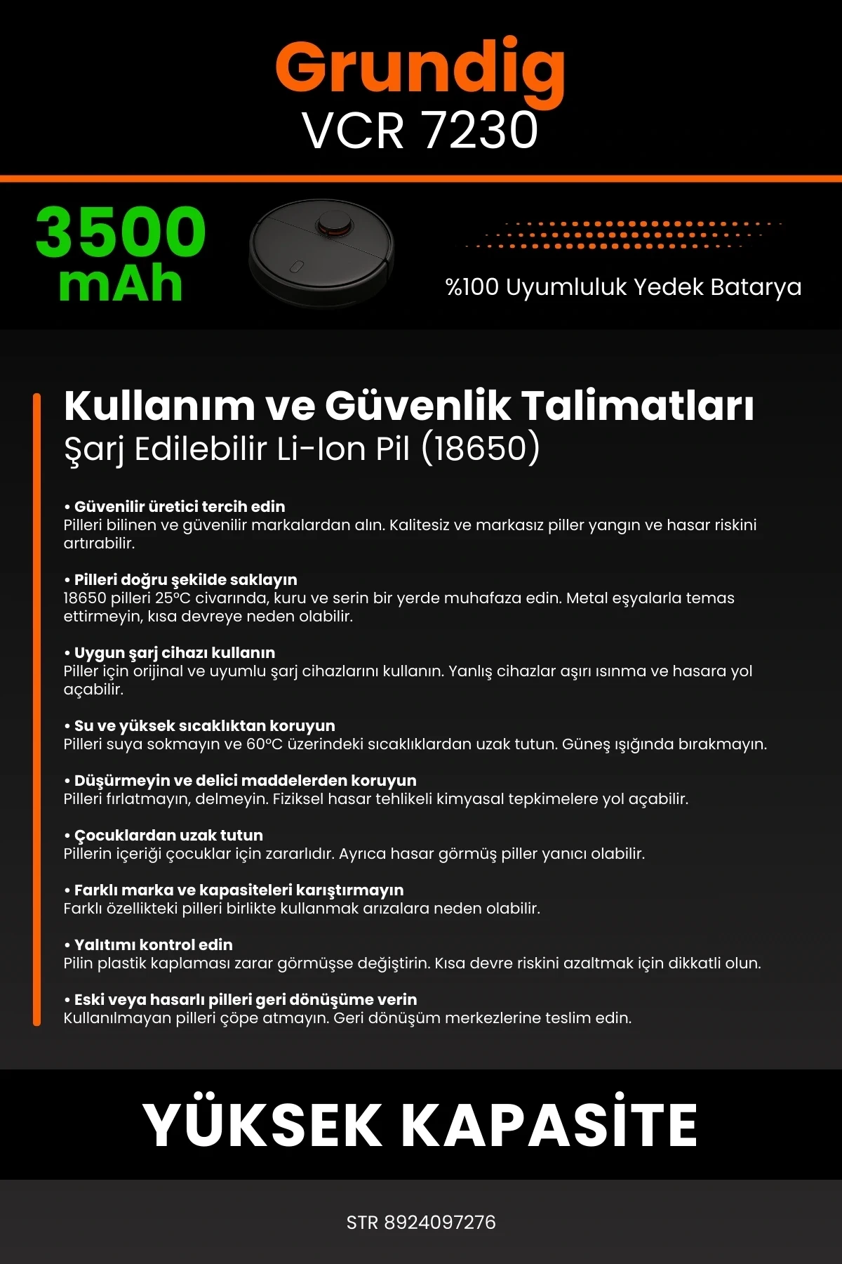 Grundig VCR 7230 3500mAh Robot Süpürge Bataryası - Sertifikalı Güvenlik, Gerçek Kapasite