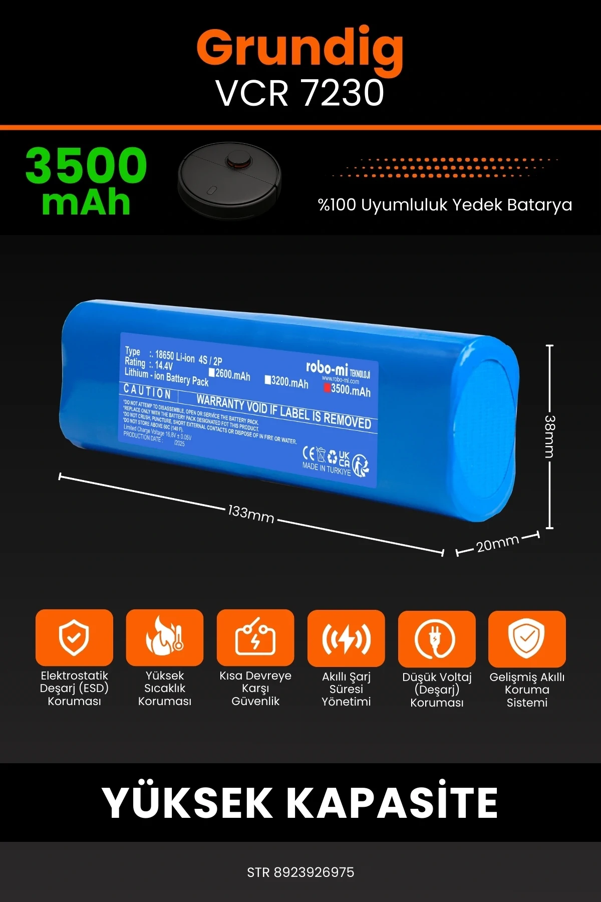 Grundig VCR 7230 3500mAh Robot Süpürge Bataryası - Yüksek Yoğunluklu Li-ion Hücre