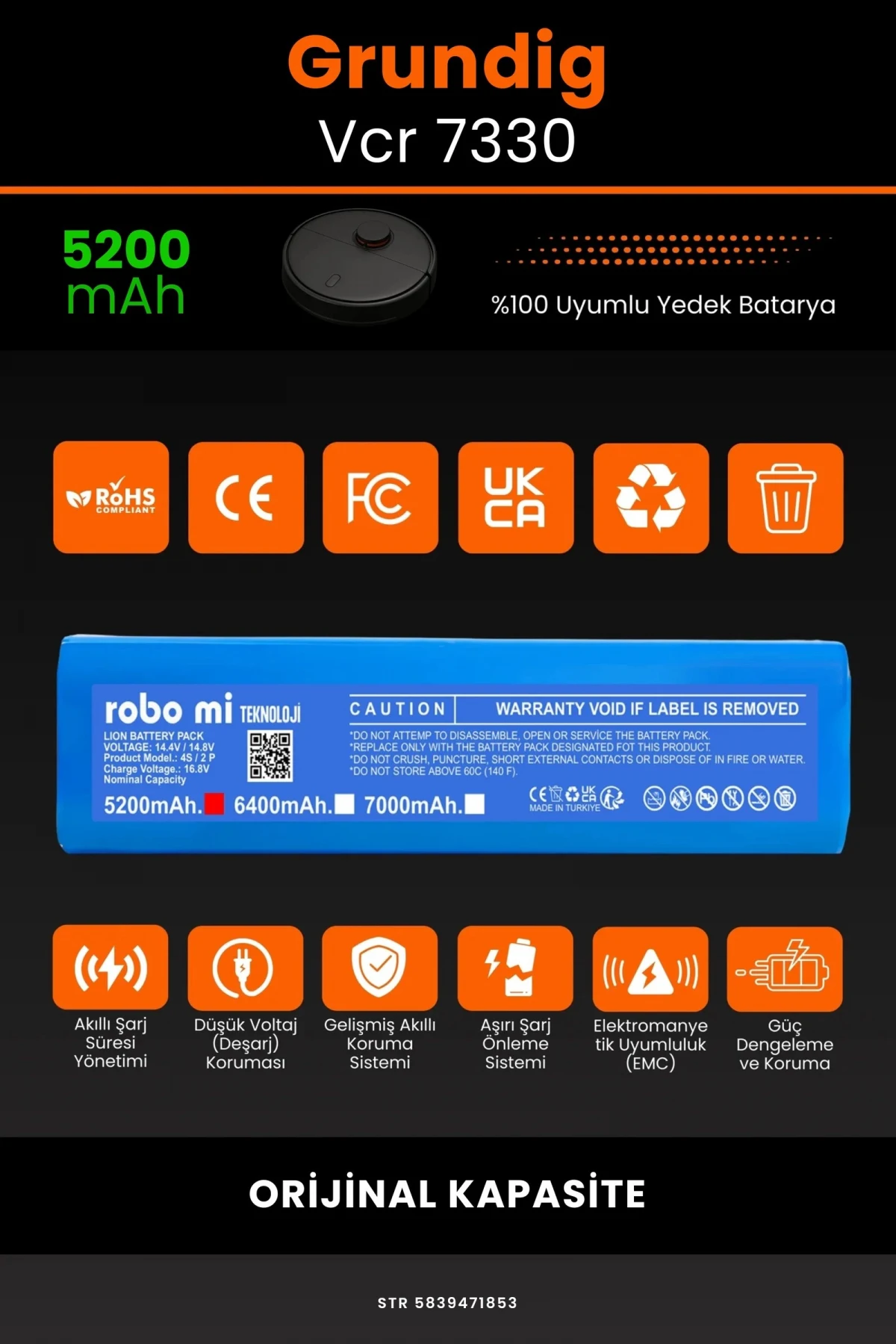 Grundig Vcr 7330 5200mAh Robot Süpürge Bataryası - Gerçek Kapasite, Maksimum Güvenlik
