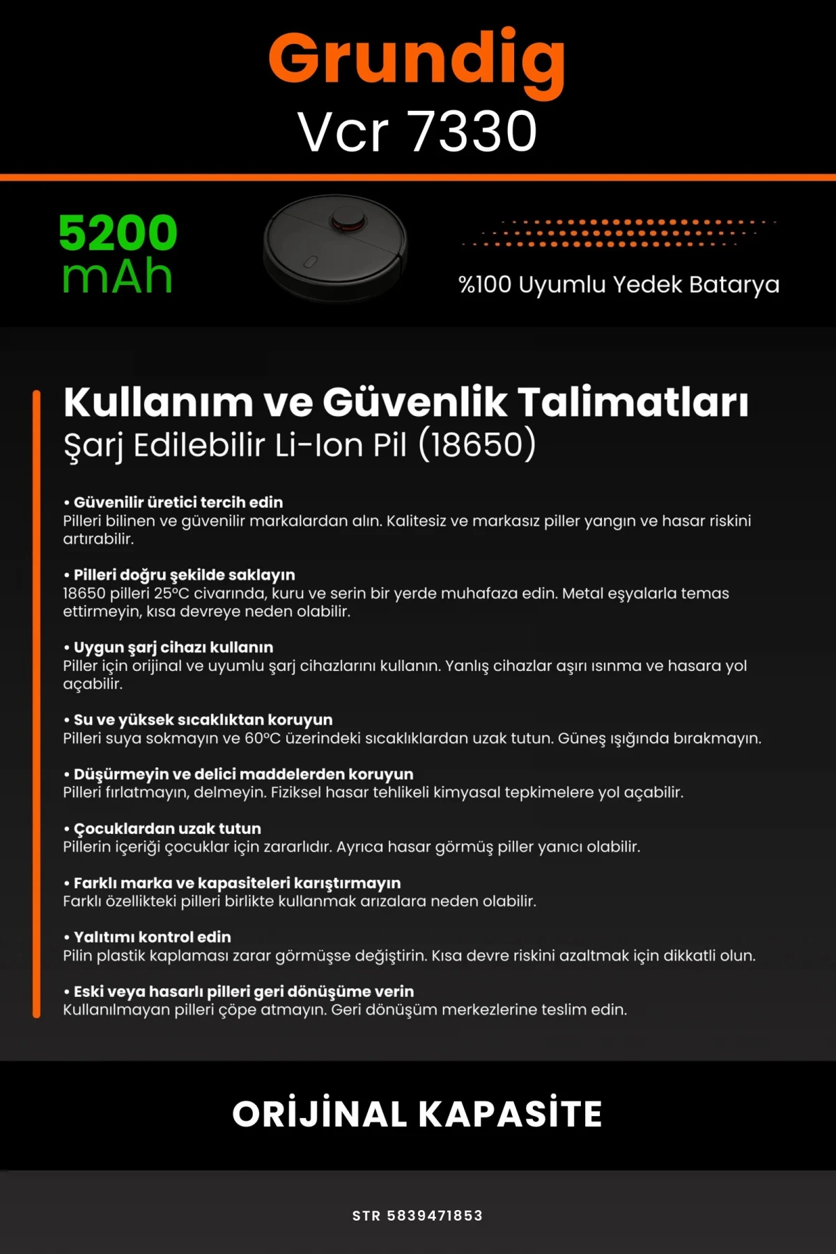 Grundig Vcr 7330 5200mAh Robot Süpürge Bataryası - Gerçek Kapasite, Maksimum Güvenlik